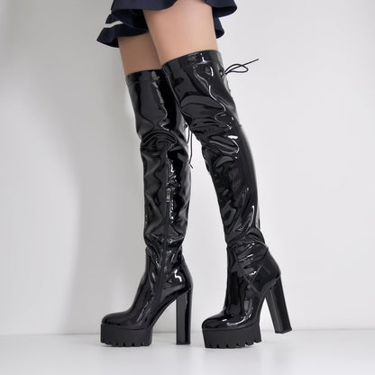 Patent Black Platform Lace Up Chunky Heels Thigh Boots - Onlymaker Value