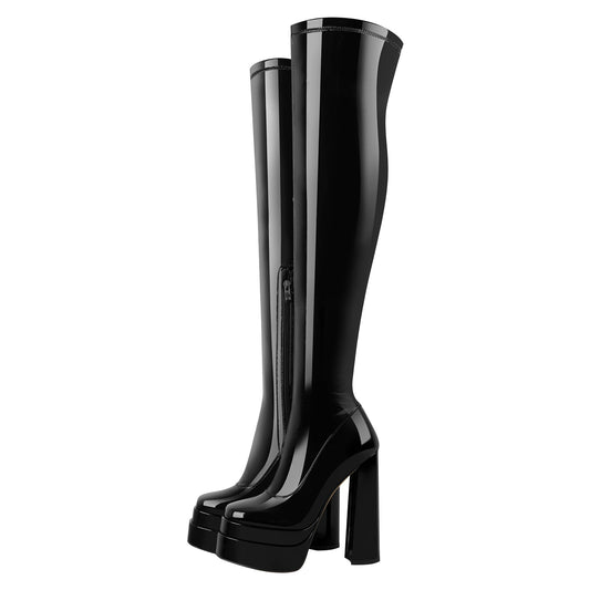 Patent Platform Chunky Over The Knee Thigh Boots - Onlymaker Smart Buy