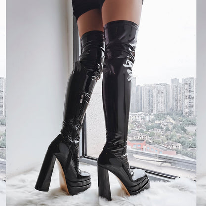 Patent Platform Chunky Over The Knee Thigh Boots - Onlymaker Smart Buy