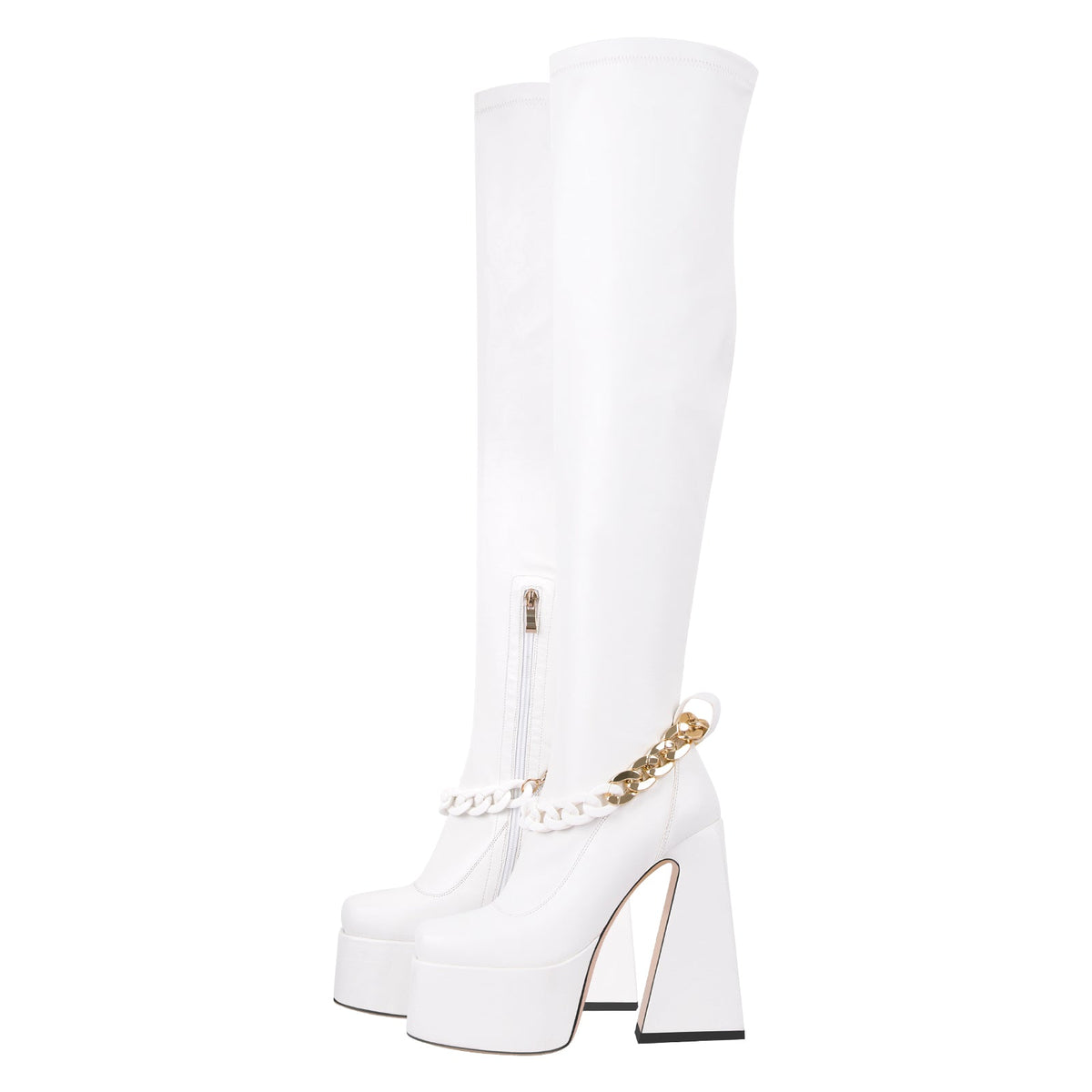 Square Toe Metal Chain Chunky Thigh Boots - Onlymaker Premium