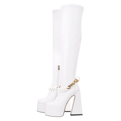 Square Toe Metal Chain Chunky Thigh Boots - Onlymaker Premium