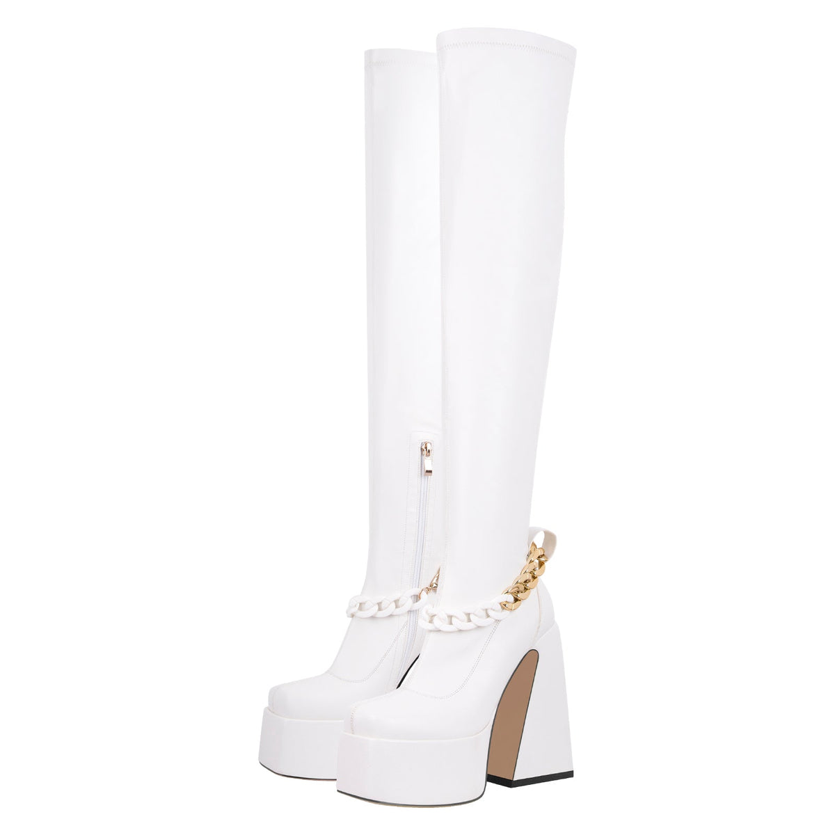 Square Toe Metal Chain Chunky Thigh Boots - Onlymaker Premium