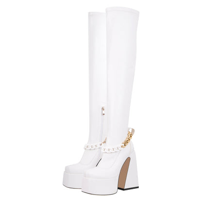 Square Toe Metal Chain Chunky Thigh Boots - Onlymaker Premium