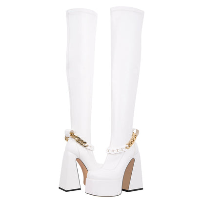 Square Toe Metal Chain Chunky Thigh Boots - Onlymaker Premium
