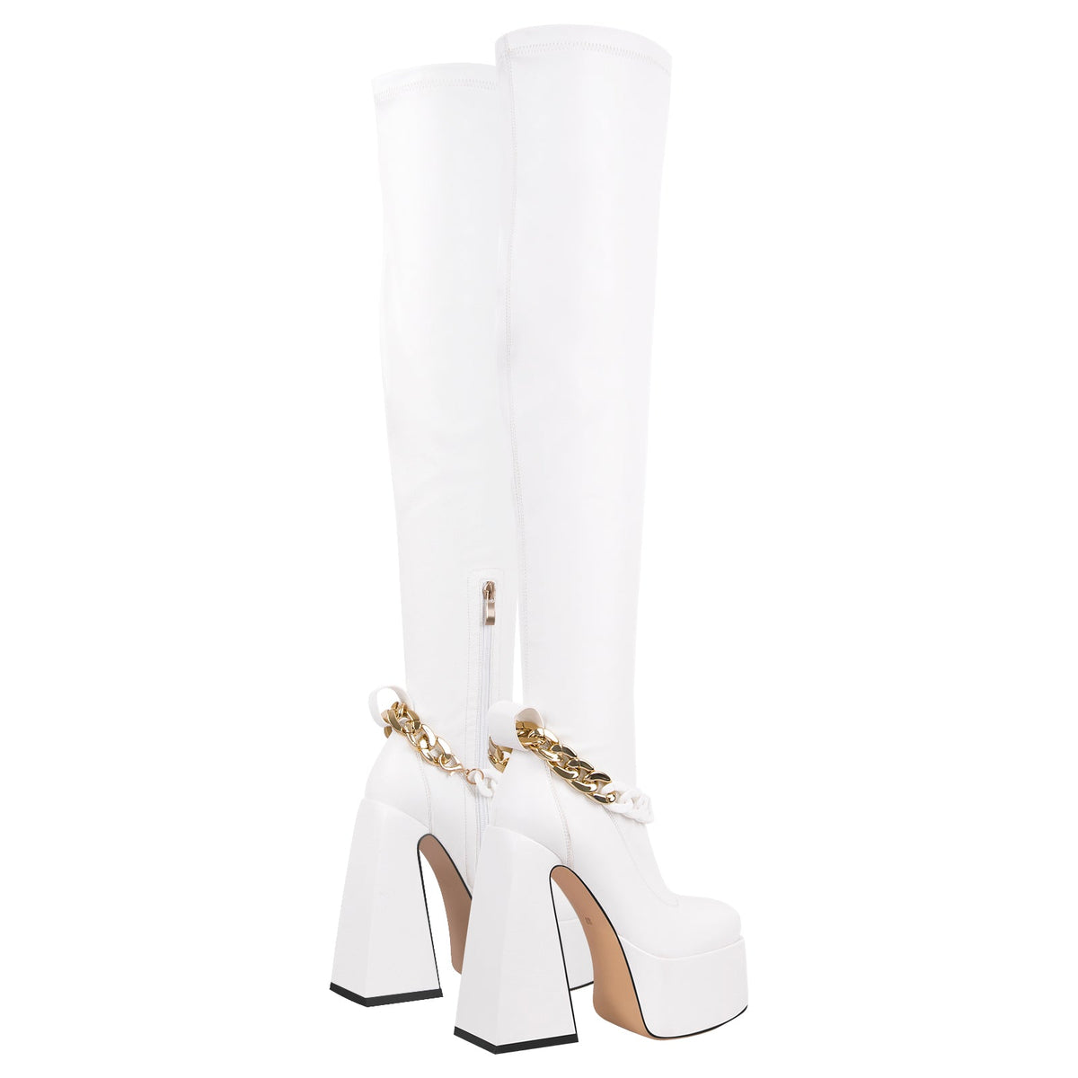 Square Toe Metal Chain Chunky Thigh Boots - Onlymaker Premium