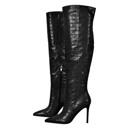 Stone Print Pointed Toe Stiletto Thigh High Boots - Onlymaker Premium