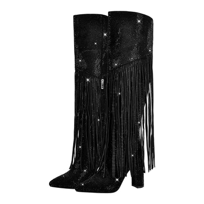 Pointed Toe Rhinestone Tassels Over The Knee Boots - Onlymaker Latest