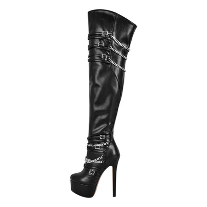 Chain Round Toe Platform Stilettos Over The Knee Boots - Onlymaker Everyday