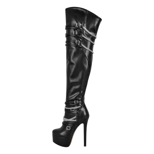 Chain Round Toe Platform Stilettos Over The Knee Boots - Onlymaker Everyday