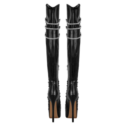 Chain Round Toe Platform Stilettos Over The Knee Boots - Onlymaker Everyday