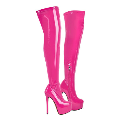 Patent Leather Platform Over The Knee High Heel Boots - Onlymaker Essential