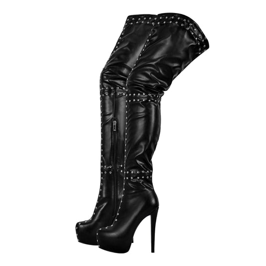 Black Platform Rivets Over The Knee Boots - Onlymaker Special Offer
