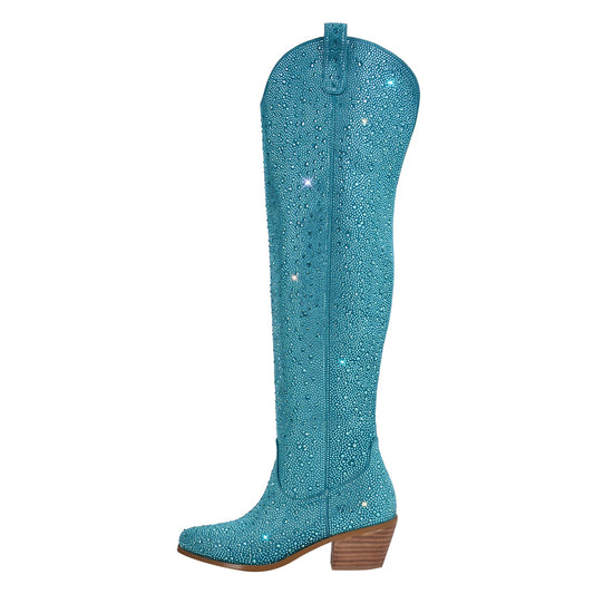 Chunky Heels Rhinestone Over The Knee Boots - Onlymaker Classic