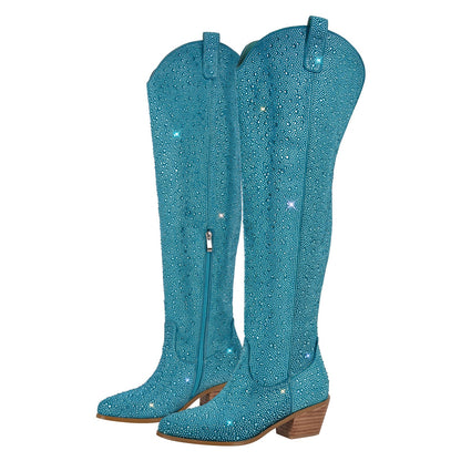 Chunky Heels Rhinestone Over The Knee Boots - Onlymaker Classic