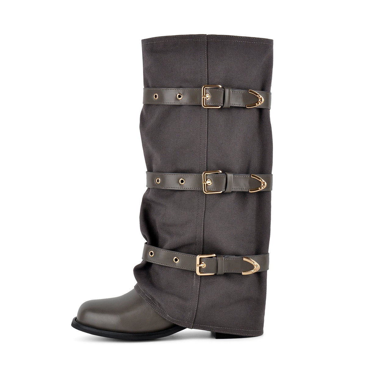 Square Toe Buckle Straps Canvas Knee High Boots - Onlymaker Recommended