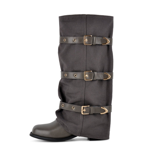 Square Toe Buckle Straps Canvas Knee High Boots - Onlymaker Recommended