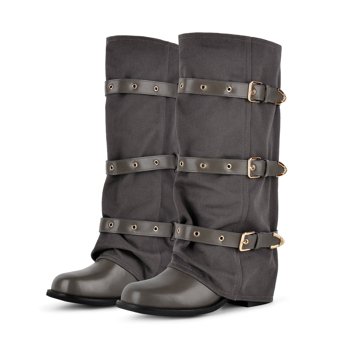 Square Toe Buckle Straps Canvas Knee High Boots - Onlymaker Recommended