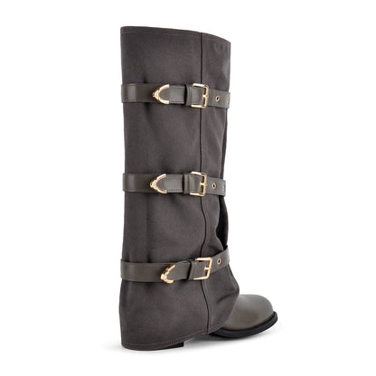 Square Toe Buckle Straps Canvas Knee High Boots - Onlymaker Recommended