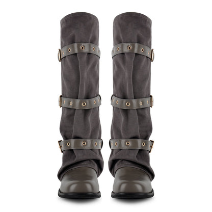 Square Toe Buckle Straps Canvas Knee High Boots - Onlymaker Recommended