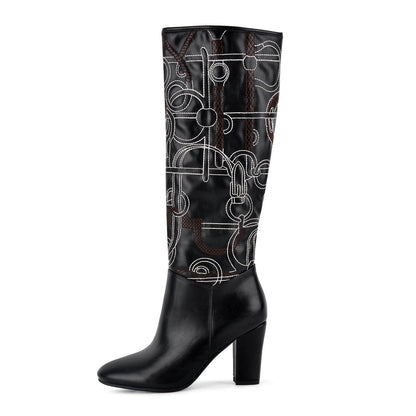 Round Toe Embroidery Chunky Heel Knee High Boots - Onlymaker Top Pick