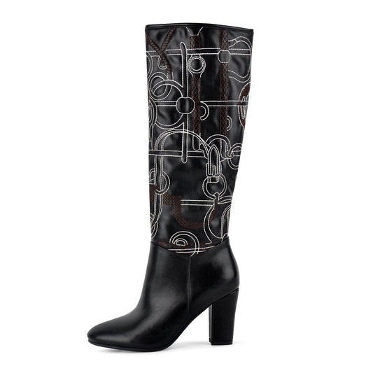 Round Toe Embroidery Chunky Heel Knee High Boots - Onlymaker Top Pick