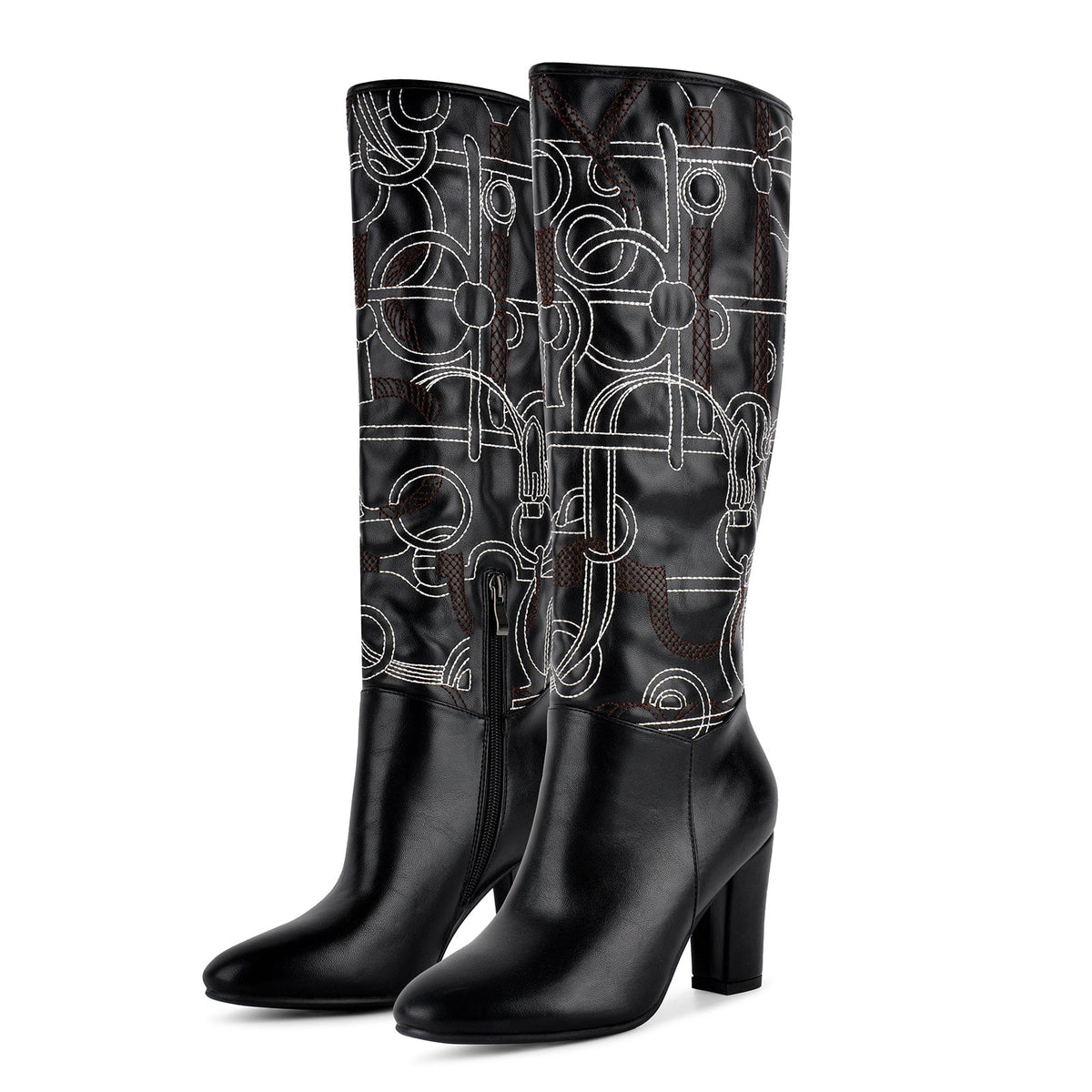 Round Toe Embroidery Chunky Heel Knee High Boots - Onlymaker Top Pick