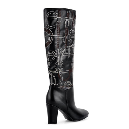 Round Toe Embroidery Chunky Heel Knee High Boots - Onlymaker Top Pick