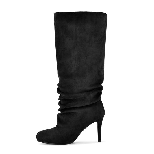 Suede Round Toe Ruched Stiletto Knee High Boots - Onlymaker Hot Sale