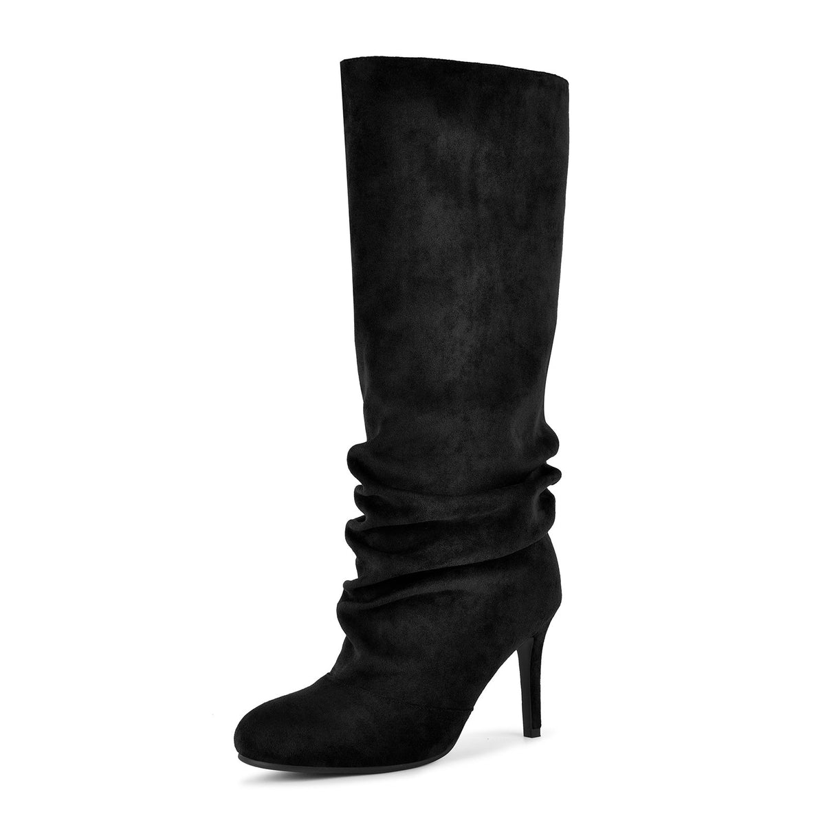 Suede Round Toe Ruched Stiletto Knee High Boots - Onlymaker Hot Sale