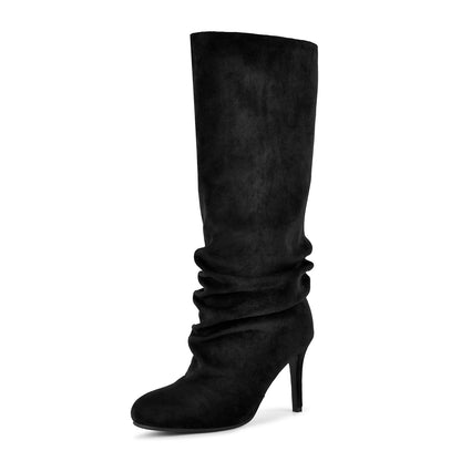 Suede Round Toe Ruched Stiletto Knee High Boots - Onlymaker Hot Sale