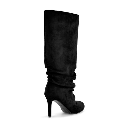 Suede Round Toe Ruched Stiletto Knee High Boots - Onlymaker Hot Sale