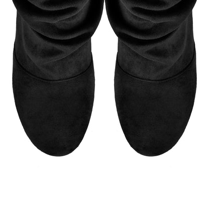 Suede Round Toe Ruched Stiletto Knee High Boots - Onlymaker Hot Sale