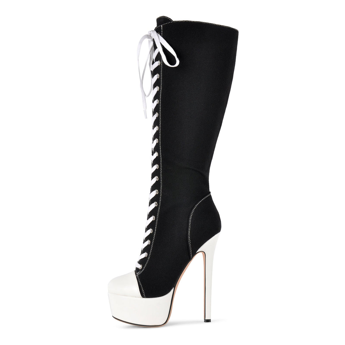 Round Toe Platform Canvas Lace-up Knee High Boots - Onlymaker Popular