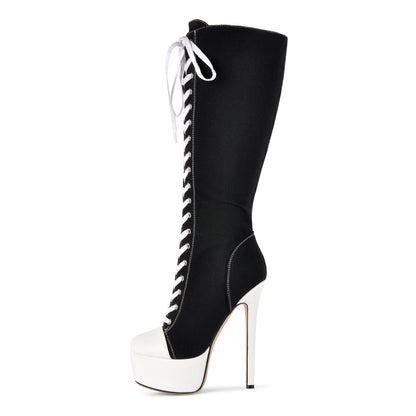 Round Toe Platform Canvas Lace-up Knee High Boots - Onlymaker Popular