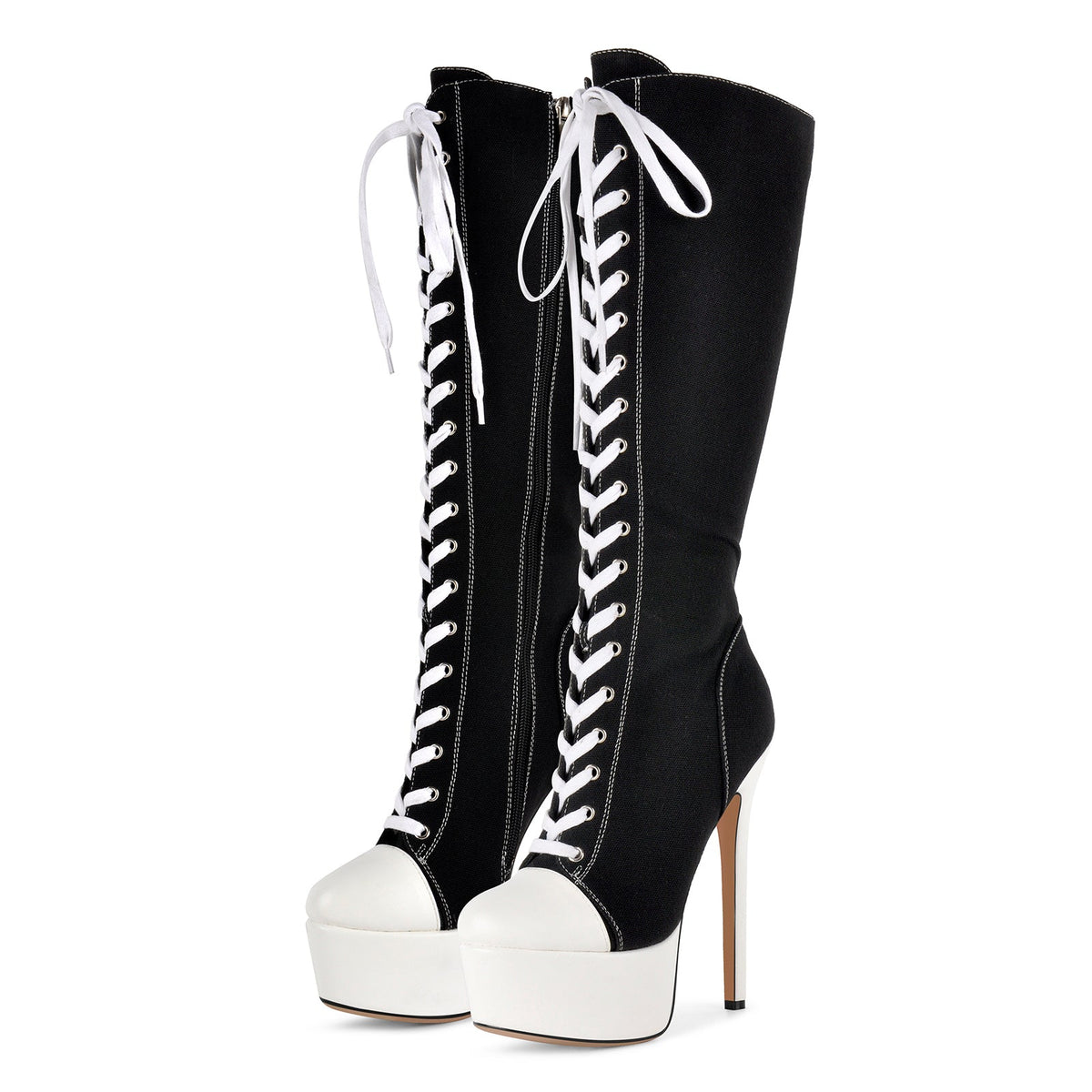 Round Toe Platform Canvas Lace-up Knee High Boots - Onlymaker Popular