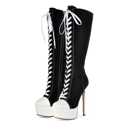 Round Toe Platform Canvas Lace-up Knee High Boots - Onlymaker Popular