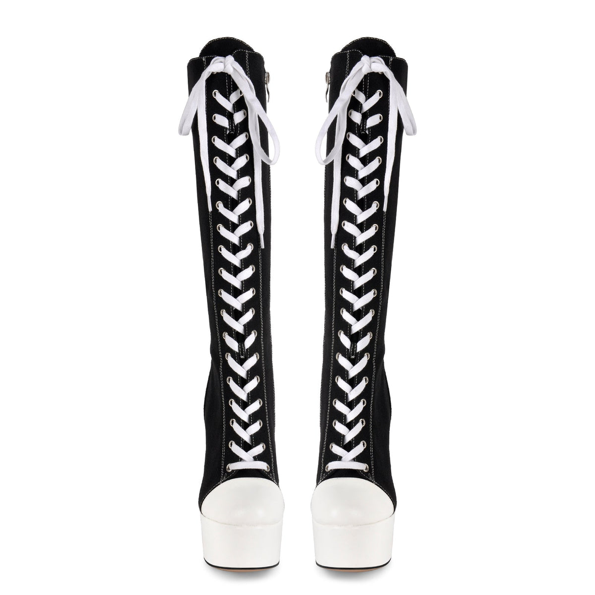 Round Toe Platform Canvas Lace-up Knee High Boots - Onlymaker Popular