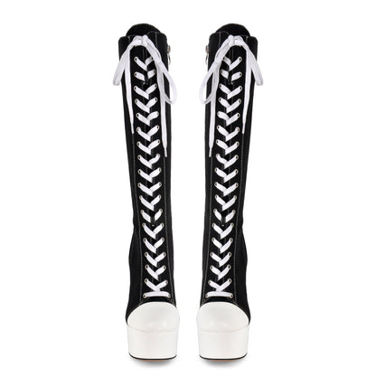 Round Toe Platform Canvas Lace-up Knee High Boots - Onlymaker Popular