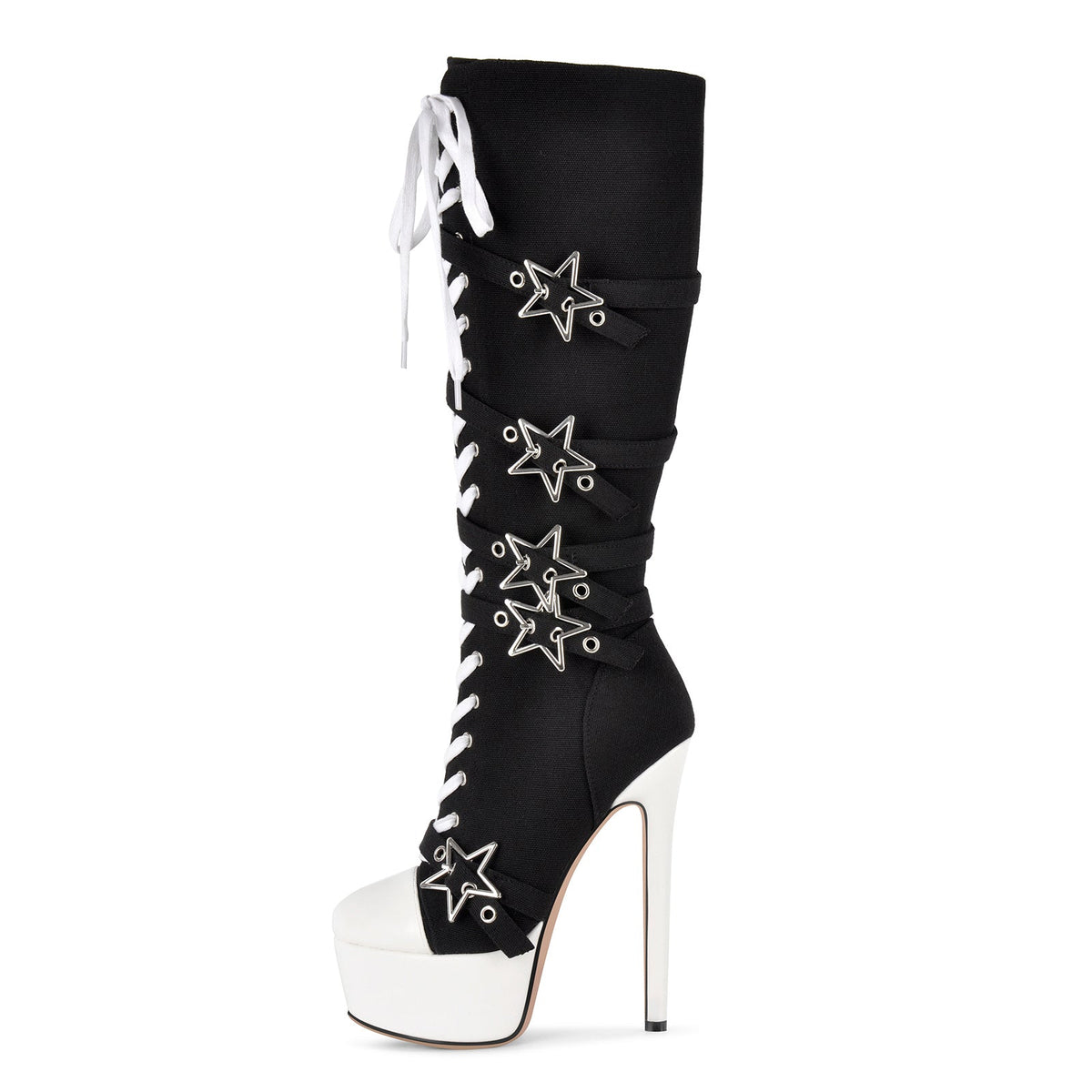 Platform Star Buckle Canvas Lace-up Knee High Boots - Onlymaker Best Seller