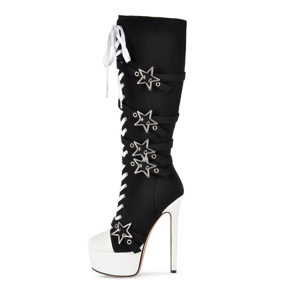 Platform Star Buckle Canvas Lace-up Knee High Boots - Onlymaker Best Seller