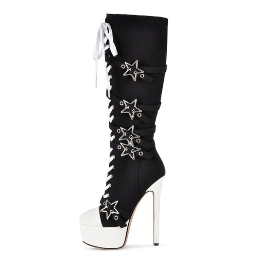 Platform Star Buckle Canvas Lace-up Knee High Boots - Onlymaker Best Seller
