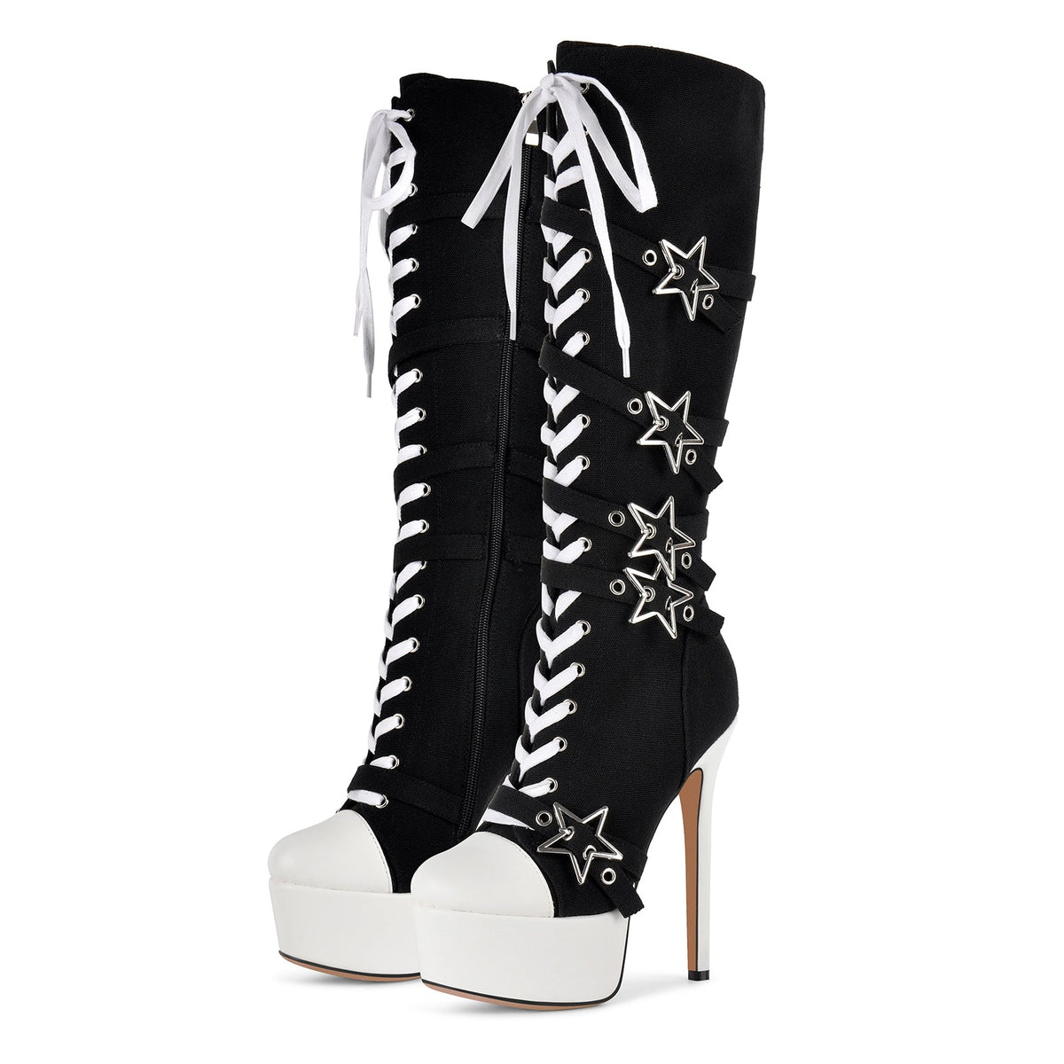 Platform Star Buckle Canvas Lace-up Knee High Boots - Onlymaker Best Seller