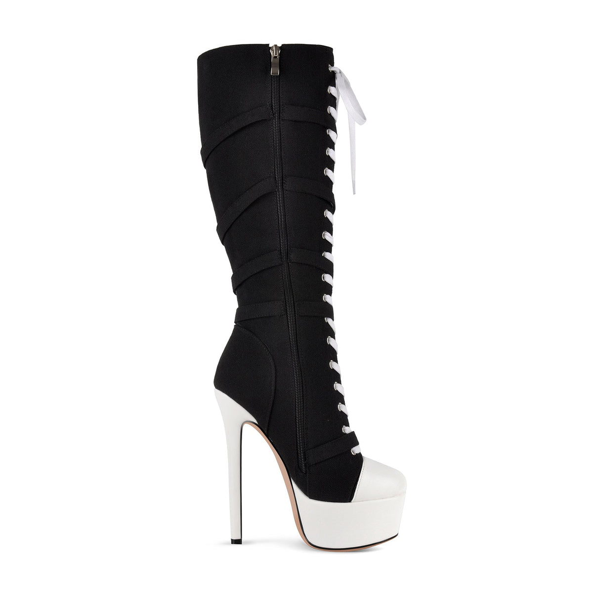 Platform Star Buckle Canvas Lace-up Knee High Boots - Onlymaker Best Seller