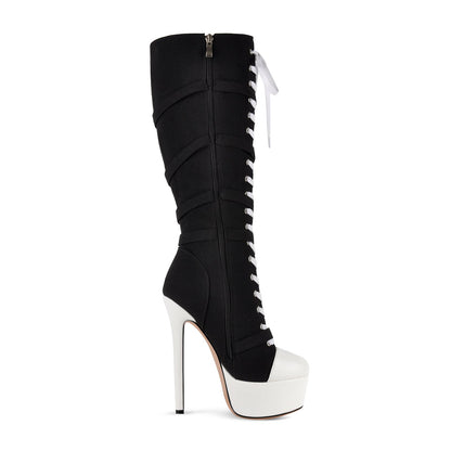 Platform Star Buckle Canvas Lace-up Knee High Boots - Onlymaker Best Seller