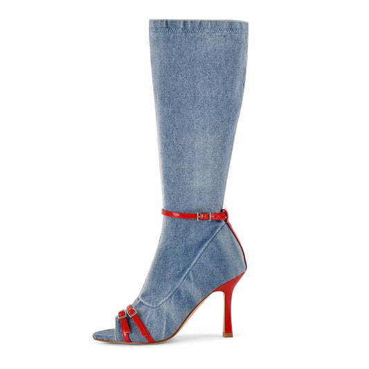 Denim Open Toe Buckle Stiletto Knee High Boots - Onlymaker Essential