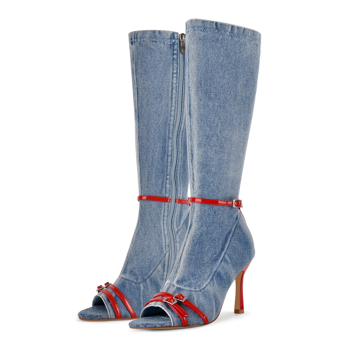 Denim Open Toe Buckle Stiletto Knee High Boots - Onlymaker Essential