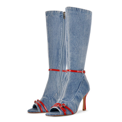 Denim Open Toe Buckle Stiletto Knee High Boots - Onlymaker Essential
