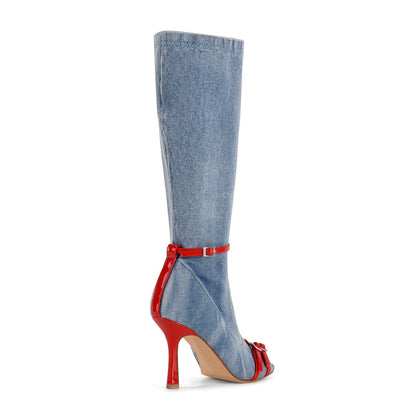 Denim Open Toe Buckle Stiletto Knee High Boots - Onlymaker Essential