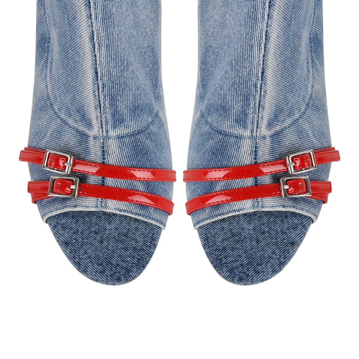 Denim Open Toe Buckle Stiletto Knee High Boots - Onlymaker Essential