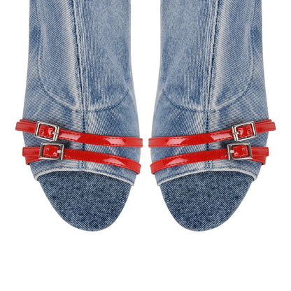 Denim Open Toe Buckle Stiletto Knee High Boots - Onlymaker Essential